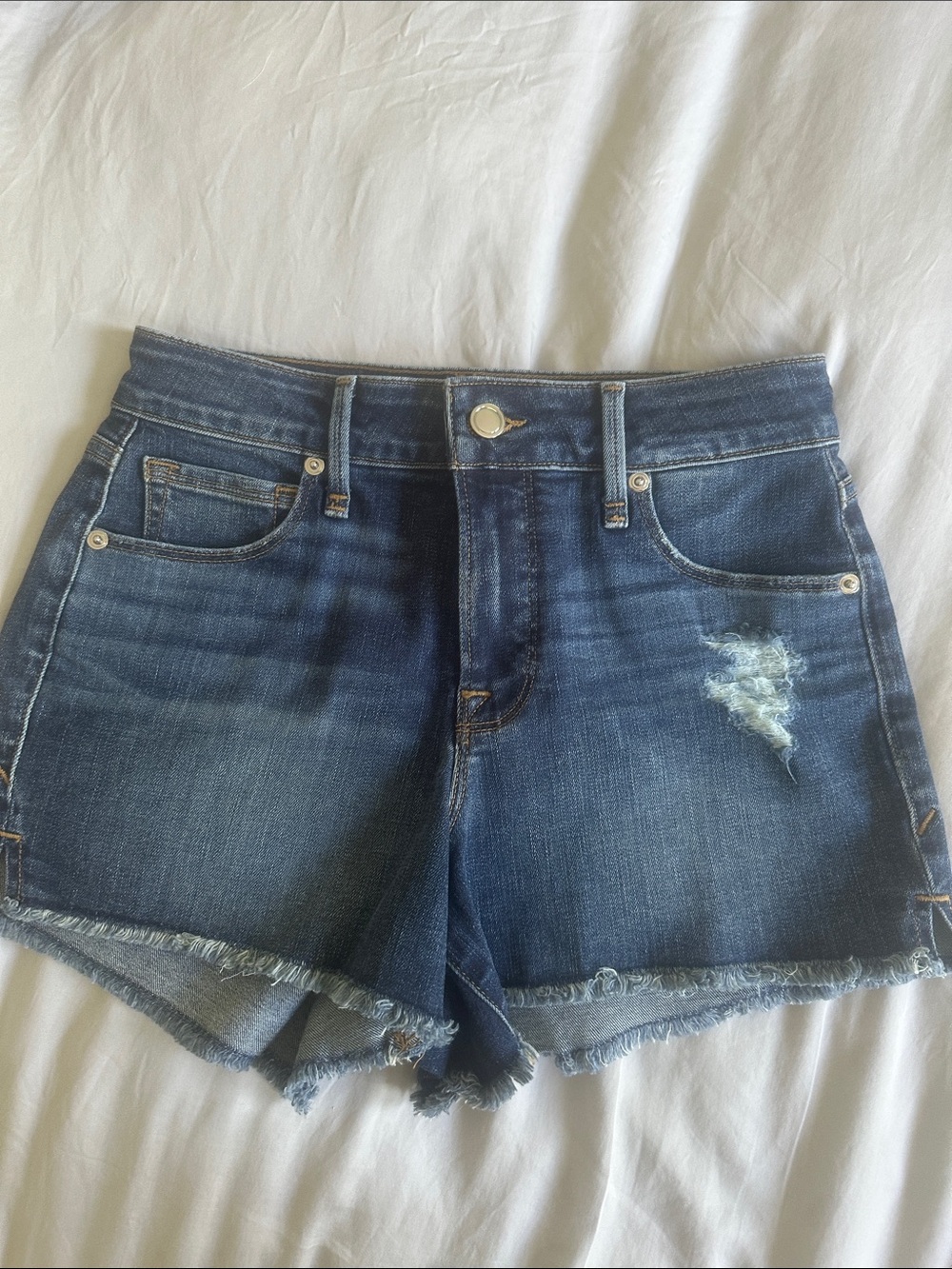 Good American Dark Blue High-Rise Frayed Hem Jean Shorts